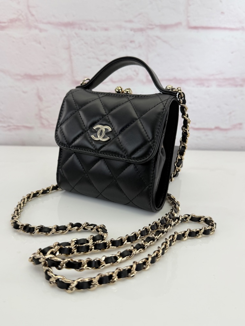 Chanel Kiss Lock Top Handle Clutch w/ Chain Black Lambskin 22A